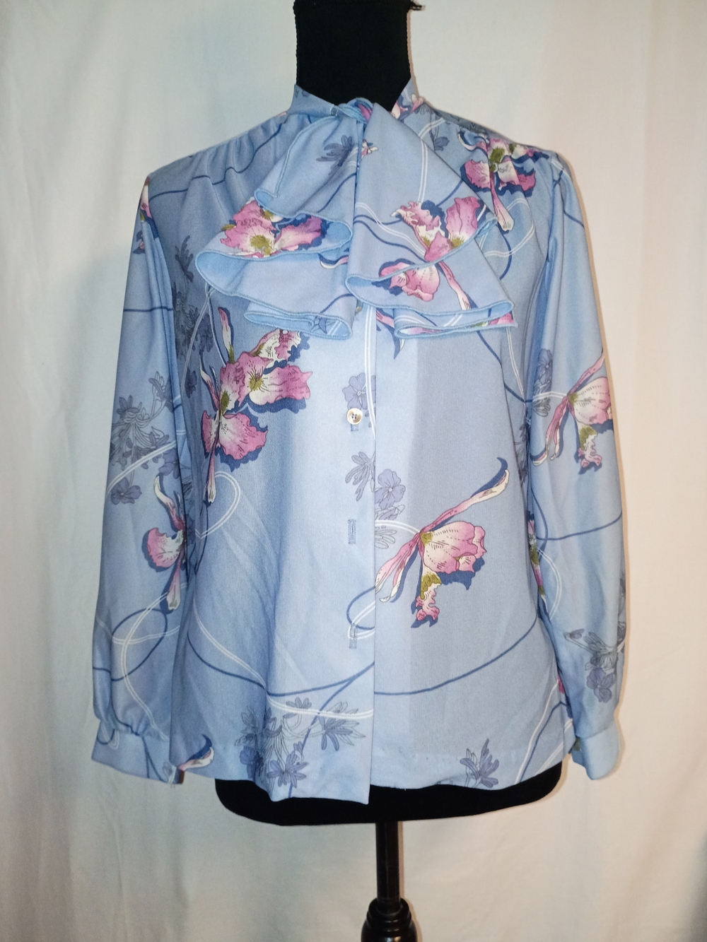 Alfred Dunner Blue Floral Ruffle Neck Long Sleeve Blouse